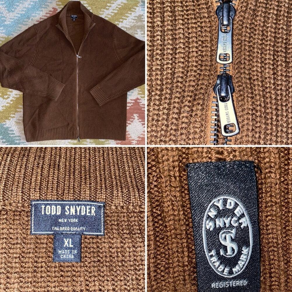 TODD SNYDER $299 Cardigan 2 Way Full Zip Brown Merino Sweater XL EUC
